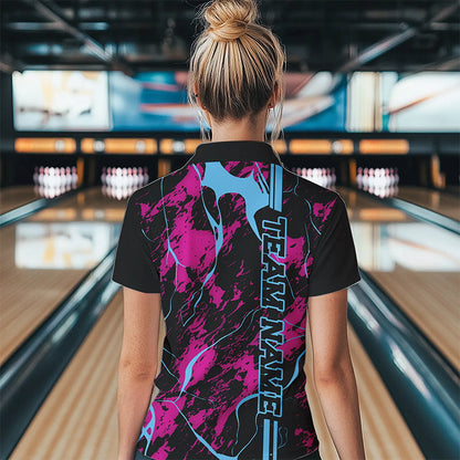 Custom Pink And Blue Strike Bowling Womens Quarter-Zip Shirts, Bowling League Team Uniform IPHW8859