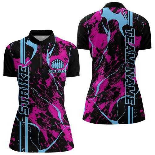 Custom Pink And Blue Strike Bowling Womens Quarter-Zip Shirts, Bowling League Team Uniform IPHW8859