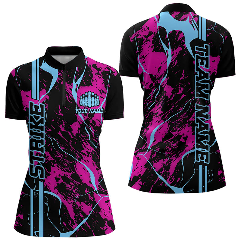 Custom Pink And Blue Strike Bowling Womens Quarter-Zip Shirts, Bowling League Team Uniform IPHW8859