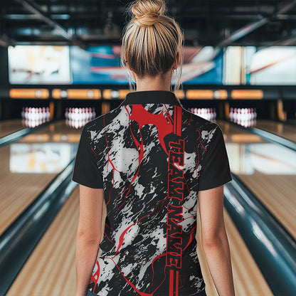 Custom Gray And Red Strike Bowling Polo Shirts For Women, Bowling League Team Uniform IPHW8861