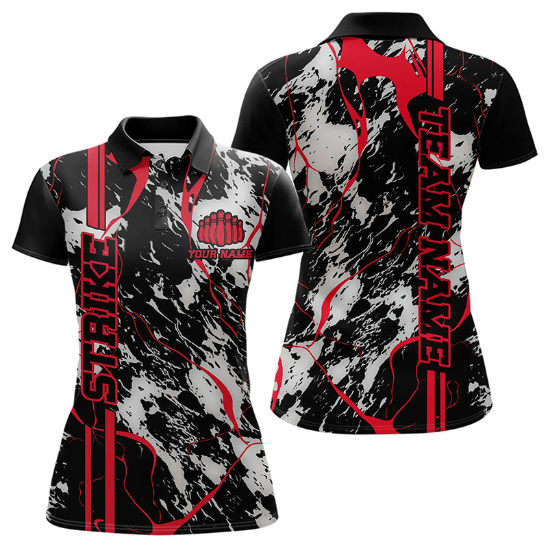 Custom Gray And Red Strike Bowling Polo Shirts For Women, Bowling League Team Uniform IPHW8861