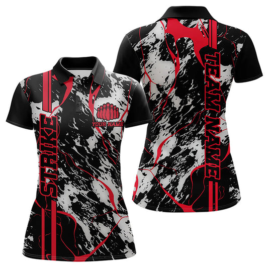 Custom Gray And Red Strike Bowling Polo Shirts For Women, Bowling League Team Uniform IPHW8861