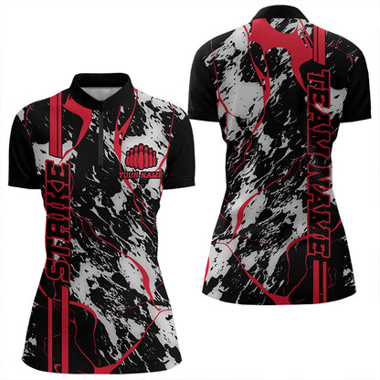 Custom Gray And Red Strike Bowling Women Quarter-Zip Shirts, Bowling League Team Uniform IPHW8861