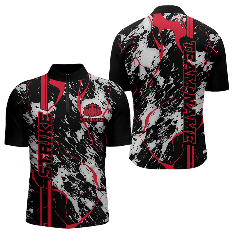 Custom Gray And Red Strike Bowling Quarter-Zip Shirts For Men, Bowling League Team Uniform IPHW8861
