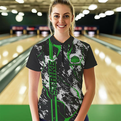 Custom Gray And Green Strike Bowling Women Quarter-Zip Shirts, Bowling League Team Uniform IPHW8862