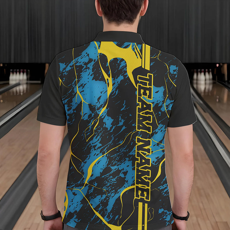 Custom Blue And Yellow Strike Bowling Polo Shirts For Men, Bowling League Team Uniform IPHW8863