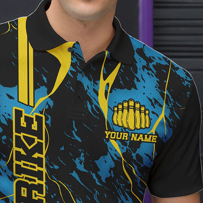 Custom Blue And Yellow Strike Bowling Polo Shirts For Men, Bowling League Team Uniform IPHW8863