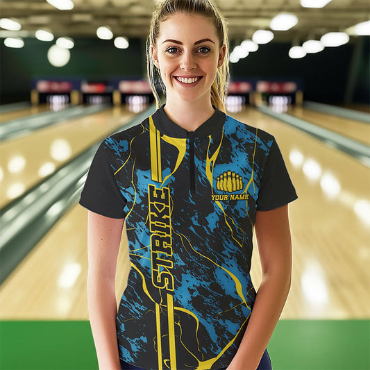 Custom Blue And Yellow Strike Bowling Women Quarter-Zip Shirts, Bowling League Team Uniform IPHW8863