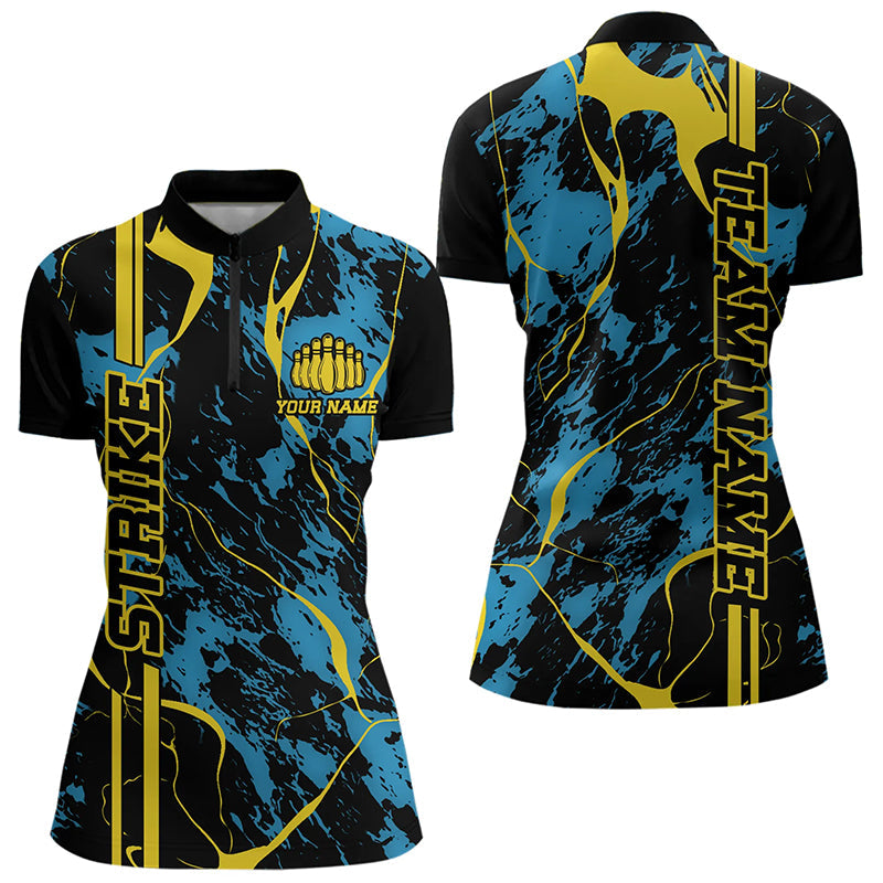 Custom Blue And Yellow Strike Bowling Women Quarter-Zip Shirts, Bowling League Team Uniform IPHW8863