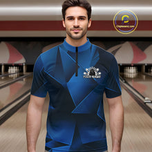 Load image into Gallery viewer, Man wearing a blue bowling shirt with a logo in a bowling alley