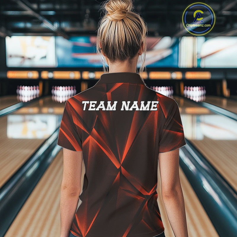 Person wearing a bowling shirt with 'TEAM NAME' on the back in a bowling alley.