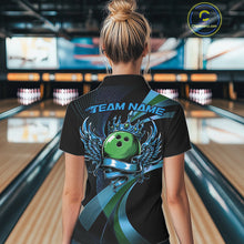 Load image into Gallery viewer, Blue And Green Bowling Ball With Wings And Crown Custom Women Polo Shirts Bowling Jerseys IPHW11458