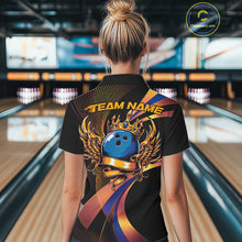 Load image into Gallery viewer, Blue And Gold Bowling Ball With Wings And Crown Custom Women Polo Shirts Bowling Jerseys IPHW11459