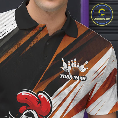 A close-up of a man wearing a custom bowling-themed polo shirt. The shirt features a black collar, a black and white textured shoulder panel, and a dynamic pattern of orange, brown, and white diagonal stripes.