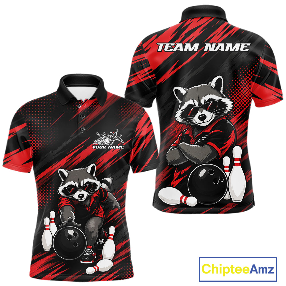 Front and back views of a custom short-sleeve polo shirt featuring a cartoon raccoon bowling theme. The shirt has a black and red diagonal striped pattern, with the front showing a raccoon graphic, bowling pins, and bowling ball, and the back showing a larger raccoon graphic, bowling pins, and customizable text fields 'TEAM NAME' and 'YOUR NAME'.