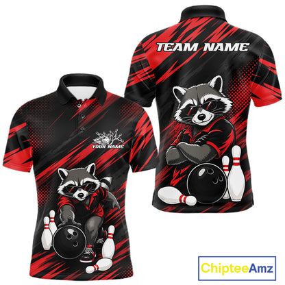 Front and back views of a custom short-sleeve polo shirt featuring a cartoon raccoon bowling theme. The shirt has a black and red diagonal striped pattern, with the front showing a raccoon graphic, bowling pins, and bowling ball, and the back showing a larger raccoon graphic, bowling pins, and customizable text fields 'TEAM NAME' and 'YOUR NAME'.