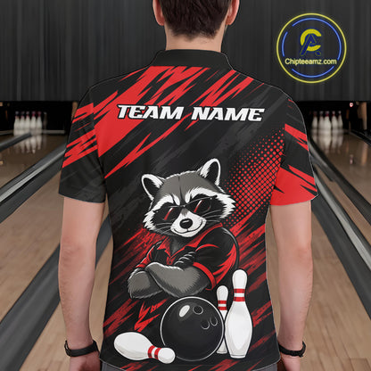 A person viewed from behind wearing a short-sleeve bowling polo shirt with a black and red graphic design featuring a raccoon, bowling ball, pins, and the text 'TEAM NAME'. 