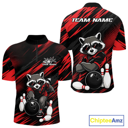Front and back views of a short-sleeve quarter-zip bowling-themed shirt on a white background. The design features a cartoon raccoon wearing sunglasses and a bowling shirt, with bowling balls and pins, over a black and red abstract pattern.