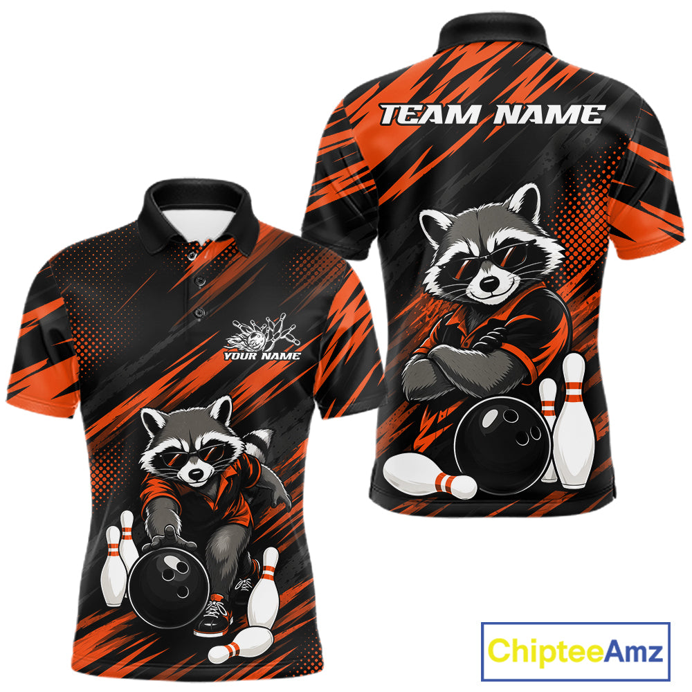 Front and back views of a custom short-sleeve bowling-themed polo shirt. The shirt features a black and orange abstract brushstroke pattern with a cartoon raccoon wearing sunglasses, bowling pins, and a bowling ball.