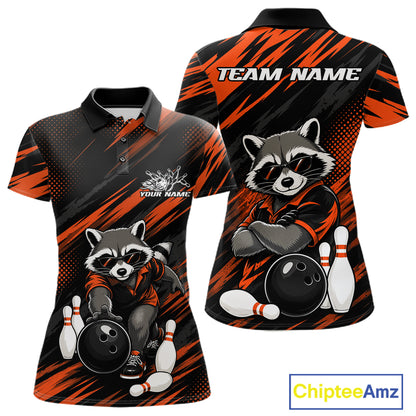 A custom short-sleeve polo shirt shown from the front and back, featuring a raccoon bowling graphic on a black and orange patterned background. 