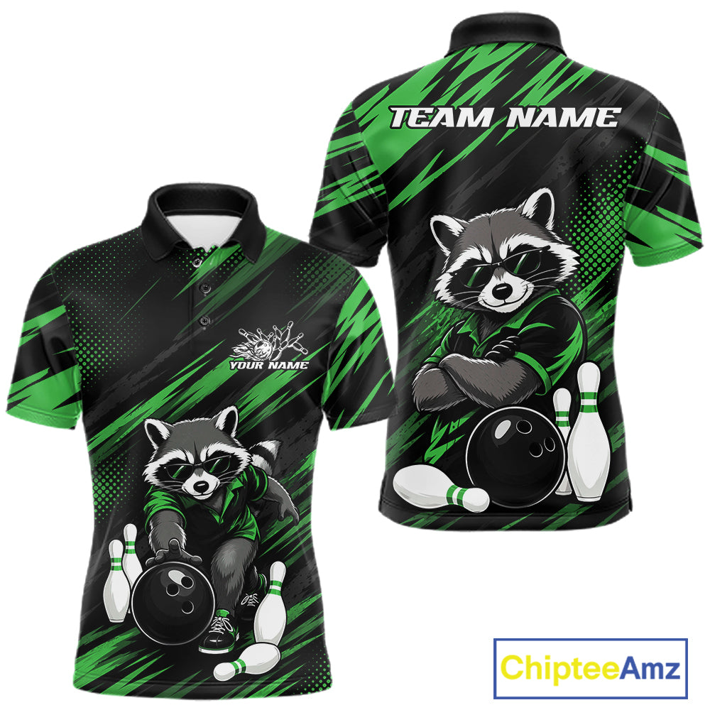 Front and back views of a short-sleeve polo shirt with a raccoon bowling graphic, green and black diagonal brushstroke pattern, and customizable text areas reading TEAM NAME and YOUR NAME. A ChipteeAmz logo appears in the bottom right corner.