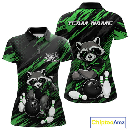 Custom womens short-sleeve polo shirt shown from the front and back, featuring a black and green abstract background with a cartoon raccoon wearing a bowling shirt, bowling ball, and bowling pins. The front displays 'YOUR NAME' and 'TEAM NAME' placeholders, and a 'ChipteeAmz' logo is visible in the bottom right corner.