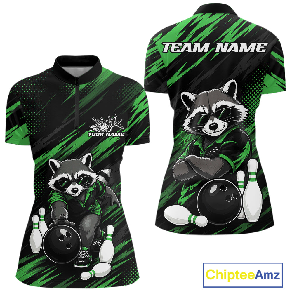 Front and back views of a women's short-sleeve bowling-themed quarter zip shirt. The shirt features a black and green diagonal striped pattern with a cartoon raccoon wearing a bowling shirt, holding a bowling ball, with bowling pins around it.