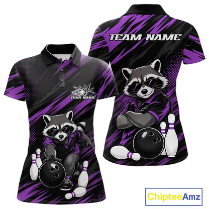 Front and back views of a short-sleeve polo shirt with a raccoon bowling graphic, black and purple diagonal stripes, and customizable text areas on the chest and back