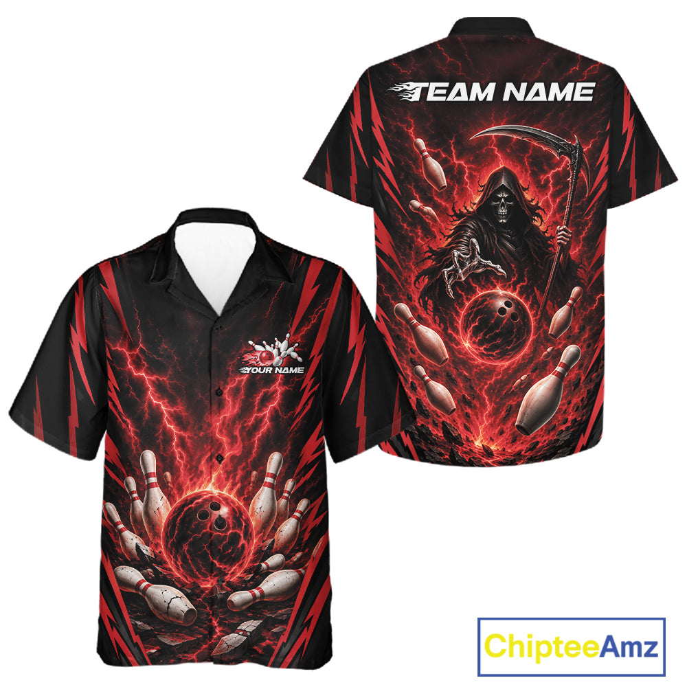 Custom bowling-themed short-sleeve button-up shirt shown from both front and back. The design features a dark grim reaper holding a scythe surrounded by red lightning, bowling balls, and pins on a black background.