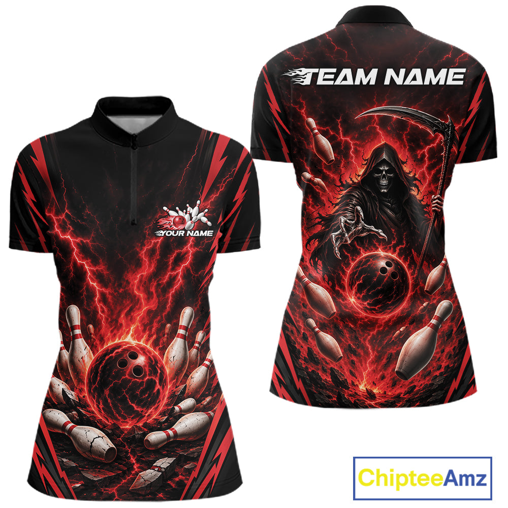 Front and back views of a black short-sleeve bowling-themed womens quarter zip shirt with red lightning effects, bowling pins, a grim reaper graphic, and customizable team name text on a white background.