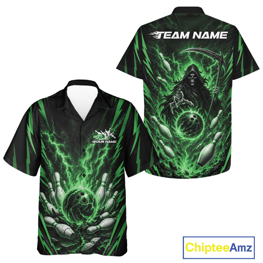 Custom short-sleeve button-up shirt shown in front and back views. The shirt features a black base with a vivid green and gray grim reaper graphic holding a scythe, surrounded by bowling pins and a bowling ball.