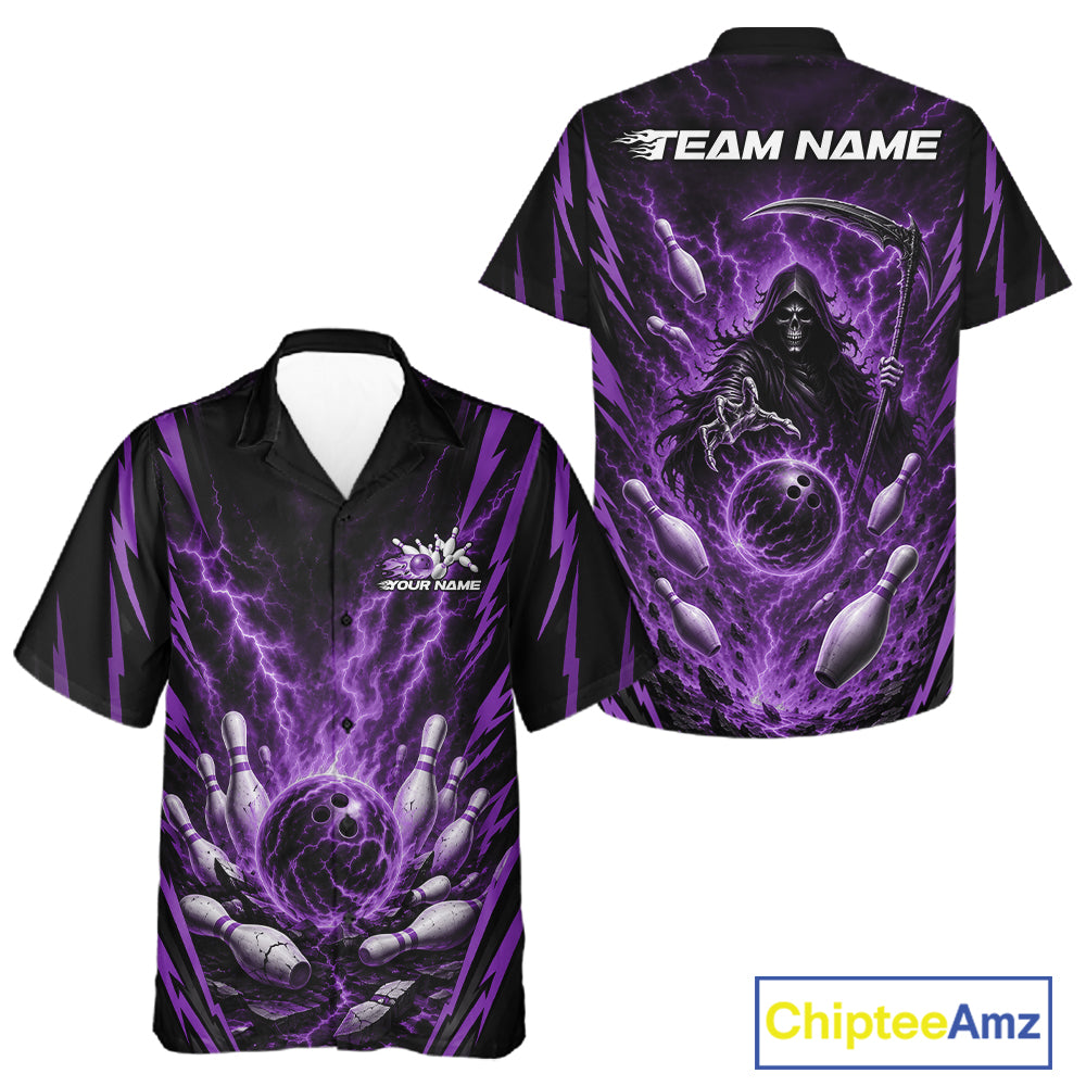 Custom short-sleeve button-up shirt shown from both front and back, featuring a black and purple bowling-themed graphic with lightning effects, pins, and a grim reaper. The back has 'TEAM NAME' printed in white.