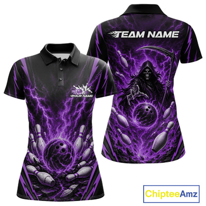 Front and back views of a womens custom short-sleeve polo shirt featuring a dark purple and black grim reaper design with lightning, bowling pins, and bowling balls. The front has a white logo placeholder and the back has 'TEAM NAME' text placeholder.