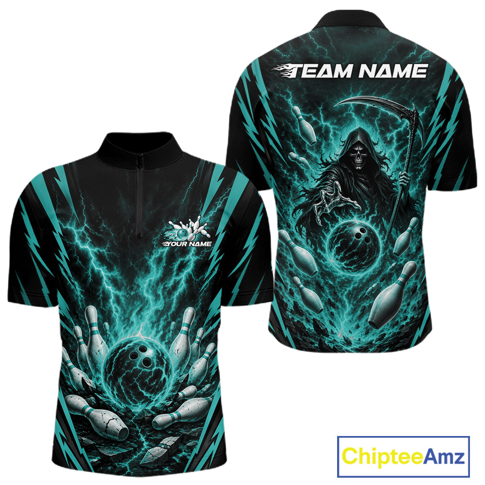 Front and back views of a short-sleeve custom bowling jersey. The jersey features a black base with vibrant teal lightning effects and a detailed graphic of a grim reaper holding a scythe surrounded by bowling pins and a bowling ball.