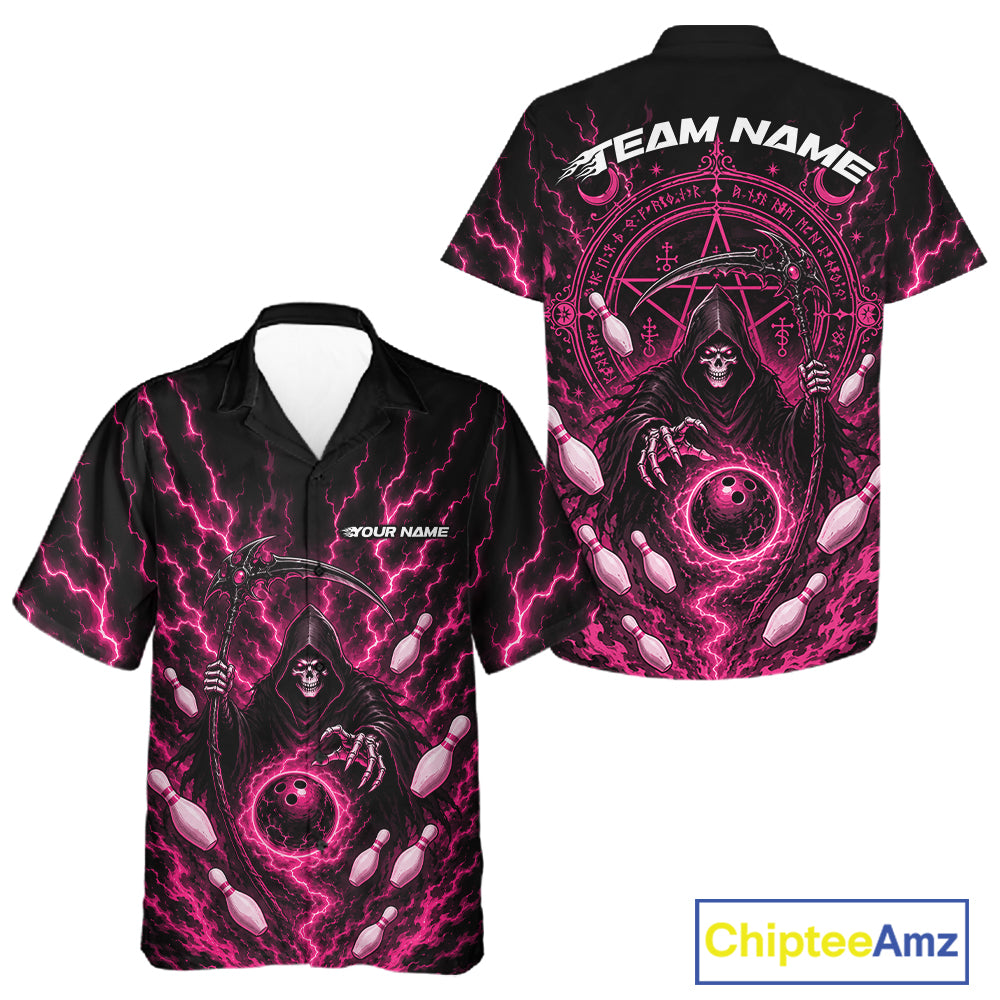 Custom short-sleeve button-up shirt shown from both front and back, featuring a black base with vivid pink lightning, a grim reaper illustration, skull motifs, and customizable text areas reading TEAM NAME and YOUR NAME. A ChipteeAmz logo appears in the bottom right corner.