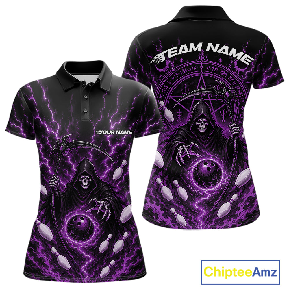 A black short-sleeve polo shirt shown from the front and back, featuring a vivid purple and black grim reaper graphic with lightning, bowling pins, and a dark magic circular. The front has placeholder text 'YOUR NAME' and 'TEAM NAME' on the back.