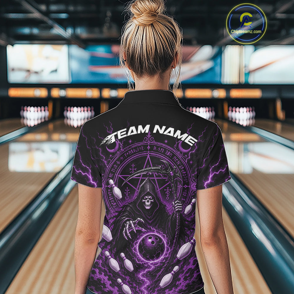 A woman viewed from behind wearing a black short-sleeve womens quarter zip bowling shirt with a large purple and black grim reaper graphic and the text 'TEAM NAME' across the upper back, standing in a bowling alley.