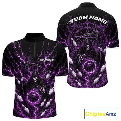 Black short-sleeve quarter-zip performance shirt with a purple and white grim reaper graphic featuring lightning, a pentagram, and mystical symbols. Shown in front and back views on a white background with a ChipteeAmz logo in the corner.