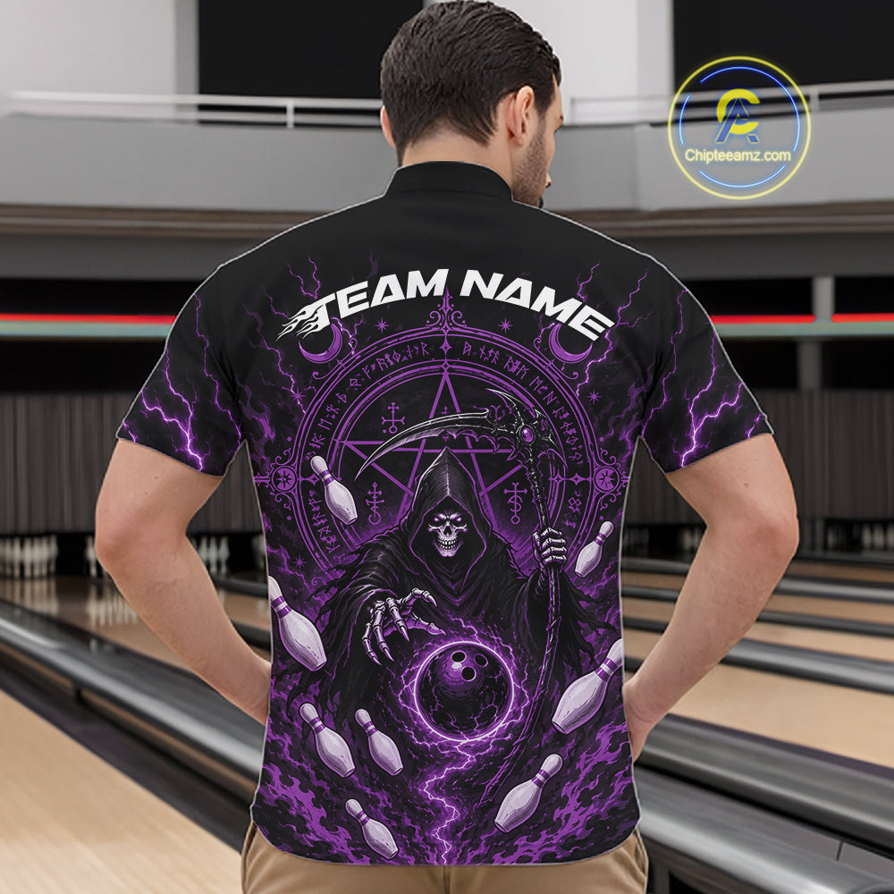 A man viewed from behind wearing a black short-sleeve quarter zip bowling shirt with a large purple and black grim reaper graphic, lightning bolts, bowling pins, and the text 'TEAM NAME' across the upper back.