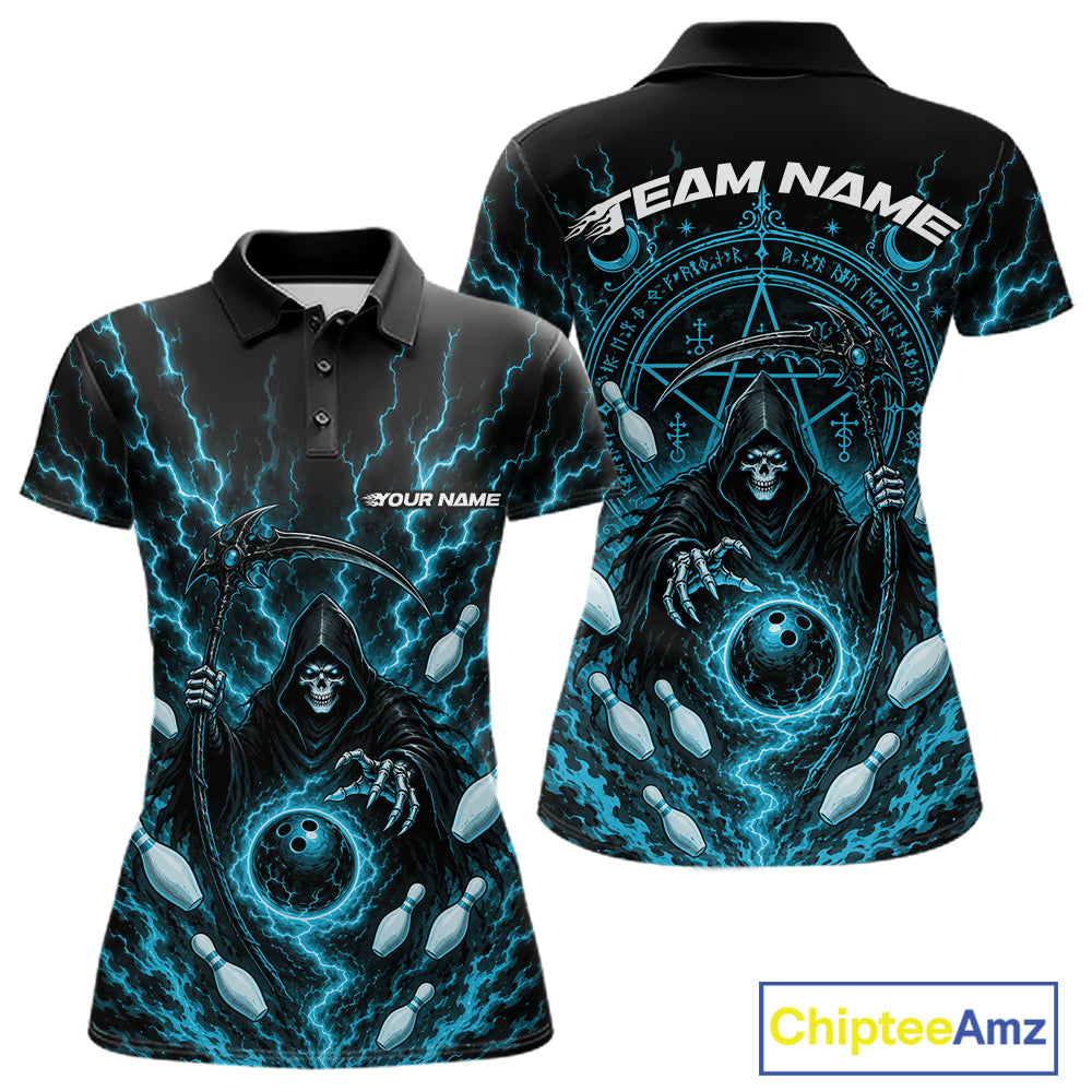 A black short-sleeve polo shirt shown from the front and back, featuring a dramatic blue lightning design with a grim reaper holding a bowling ball and pins, plus customizable text areas reading 'TEAM NAME' and 'YOUR NAME'. 