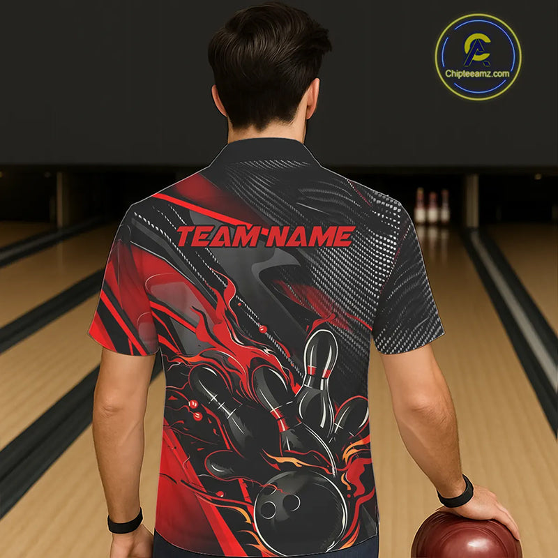 Black And Red Custom Flame Bowling Shirts For Men, Fire Bowling Team Shirt Bowler Jersey IPHW7931