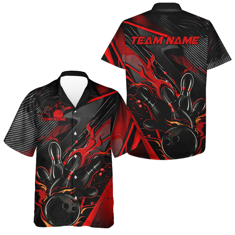 Black And Red Custom Flame Bowling Shirts For Men, Fire Bowling Team Shirt Bowler Jersey IPHW7931