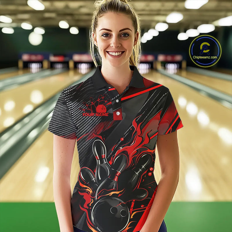Black And Red Custom Flame Bowling Shirts For Women, Fire Bowling Team Shirt Bowler Jersey IPHW7931
