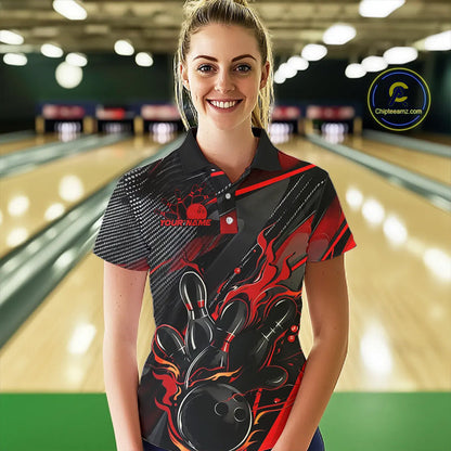 Black And Red Custom Flame Bowling Shirts For Women, Fire Bowling Team Shirt Bowler Jersey IPHW7931