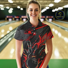Load image into Gallery viewer, Black And Red Custom Flame Bowling Shirts For Women, Fire Bowling Team Shirt Bowler Jersey IPHW7931