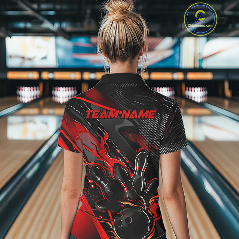 Black And Red Custom Flame Bowling Shirts For Women, Fire Bowling Team Shirt Bowler Jersey IPHW7931