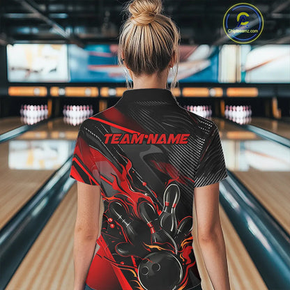 Black And Red Custom Flame Bowling Shirts For Women, Fire Bowling Team Shirt Bowler Jersey IPHW7931