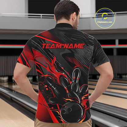 Black And Red Custom Flame Bowling Shirts For Men, Fire Bowling Team Shirt Bowler Jersey IPHW7931