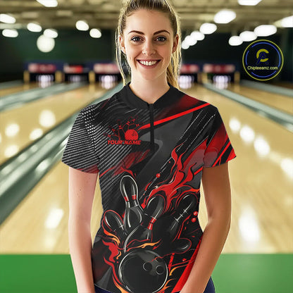 Black And Red Custom Flame Bowling Shirts For Women, Fire Bowling Team Shirt Bowler Jersey IPHW7931