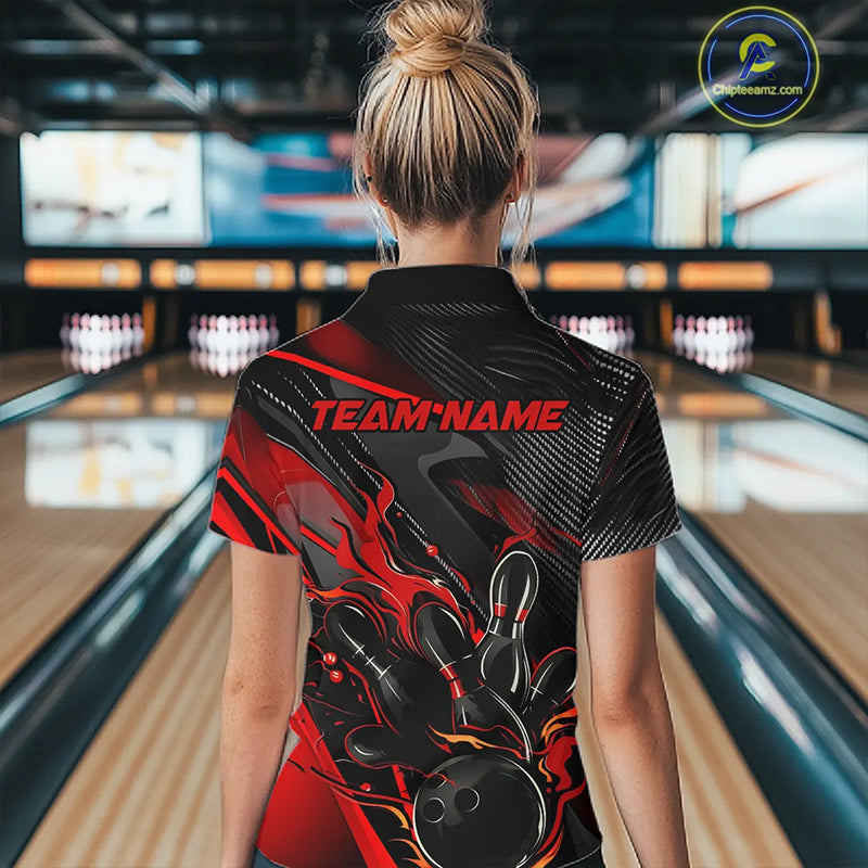 Black And Red Custom Flame Bowling Shirts For Women, Fire Bowling Team Shirt Bowler Jersey IPHW7931